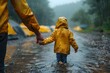 Person Holding Childs Hand in Rain
