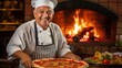 © chelmicky - Smiling mature man baking pizza in italian restaurant brick oven with copy space