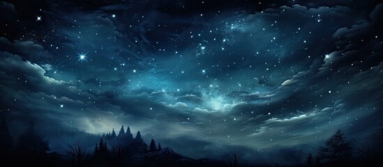 Wall Mural - A mesmerizing night sky filled with countless stars and fluffy clouds, framed by silhouetted trees in the foreground. The electric blue atmosphere adds a touch of magic to the natural landscape