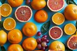 Vibrant Collection of Citrus Fruits on a Bright Blue Background, Fresh Oranges, Lemons, and Grapefruits