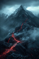 Poster - Curvy stream of melting lava on a black rock. Background image. Created with Generative AI technology.