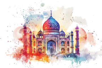 Abstract mosque watercolor with vibrant colors on a circle isolated on a transparent background.