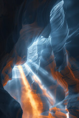 Poster - Sun light beams in a canyon. Surreal landscape Background image. Created with Generative AI technology.