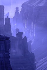 Poster - Sun light beams in a canyon. Surreal landscape Background image. Created with Generative AI technology.