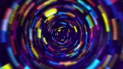 Wall Mural - Abstract colorful glowing dynamic futuristic neon VJ tunnel made with lines moving at a high speed. Defocussed digital rotating circular light shape coming towards the viewer. 4k 60fps video loop.