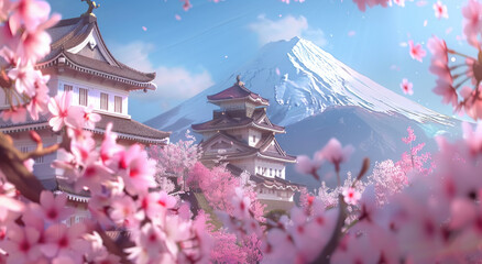 Wall Mural - A white castle with pink cherry blossoms and Mount Fuji in the background