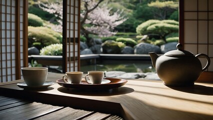 Japanese tea ceremony with teapot and cherry blossom in background