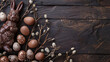 Easter background, Brown decorated eggs with chocolate  Easter bunny, flay lay, wooden background,  Minimal Easter celebration concept