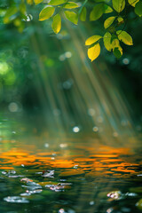 Poster - Sun light rays on a forest river. Background image. Created with Generative AI technology.