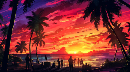Wall Mural - a stunning tropical landscape featuring a beautiful beach with palm trees at sunset.