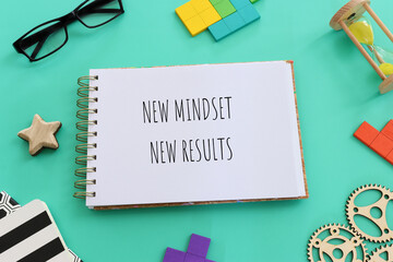 Poster - top view image of table with notes and the text new mindset new results. success and personal development concept