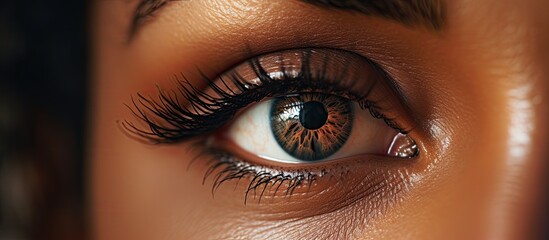 Poster - A closeup of a womans brown eye with long eyelashes, adorned with violet eyeshadow, electric blue eyeliner, and mascara for a stunning makeover