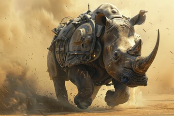 Courageous Rhino in Battlegear, charging with a dusty plain silhouette background.