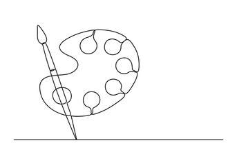 Poster - one continuous line drawing of a painting brush with colour palette for world art day vector illustr