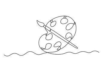 Fototapete - Painting brush and colour palette for world art day continuous one line drawing vector illustration.