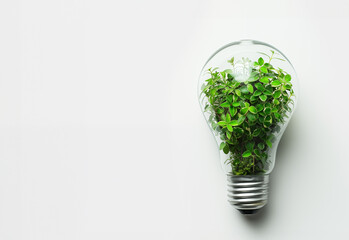 Wall Mural - Photorealistic light bulb with green plants inside standing vertically on a table. Ecological, green energy, climate change, smart farming concept. White background with copy space.