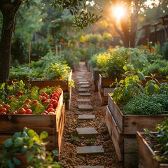 Organic farm-to-table concept, lush vegetable garden at sunrise, fresh produce harvest, natural earthy tones, sustainable living 