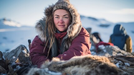 Canvas Print - Exploring ice age remnants female paleontologist digs up mammoth snow-covered scene