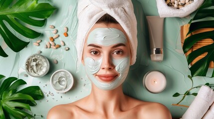 Wall Mural - A woman with a face mask and a towel on her head