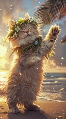 Poster - A cat standing on its hind legs on the beach