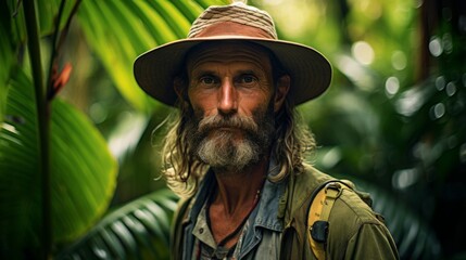 Poster - Botanist in tropical rainforest vibrant foliage and exotic flowers biodiversity beauty