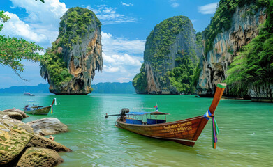 Wall Mural - The breathtaking island of Phuket, Thailand with its iconic James Bond beach and traditional longtail boats