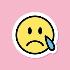 Wall Mural - crying face emoji sticker, yellow face with tear, black outline, cute sticker on pink background, groovy aesthetic, vector design element