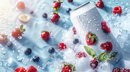 Aluminum cans without logos with splashes of ice and berries. Layout for advertising banners, etc