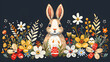 Minimalistic Bunny With Eggs and Flowers: Simple Graphic Illustration for April