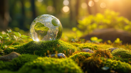 Crystal globe putting on moss, ecology and environment sustainable concept.