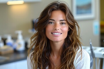 Canvas Print - A woman with long brown hair is smiling in the kitchen