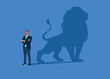 © Vadym - Businessman dreams of becoming a lion. Confident handsome young man standing shadow of a lion reflects leadership. Flat vector illustration