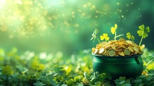 An Image Of A Vibrant Pot Filled With Gold Coins And Surrounded By Lush Clover Leaves Against A Vivid Green Background For St. Patrick's Day