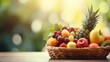 Fresh fruit basket on blurred outdoor background with copy space, healthy lifestyle concept