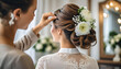 bride, back view, pre-wedding hair styling by stylist wedding day clean background 