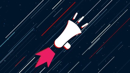 Poster - Megaphone symbol flies through the universe on a jet propulsion. The symbol in the center is shaking due to high speed. Seamless looped 4k animation on dark blue background with stars