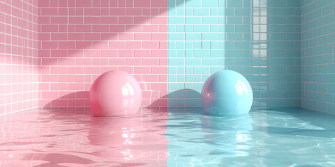 Abstract Modern Minimal Background With Pink Blue Hemispheres - Two Balls Floating In Water