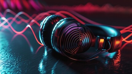 Aufkleber - A sleek design of headphones emitting sound waves in a D environment AI generated illustration