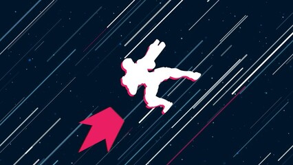 Poster - Combat robot flies through the universe on a jet propulsion. The symbol in the center is shaking due to high speed. Seamless looped 4k animation on dark blue background with stars