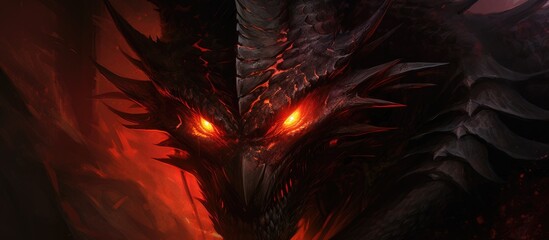 Wall Mural - An artful closeup capture of a dragon in darkness, showcasing its symmetrical scales and piercing red eyes radiating an electric blue hue