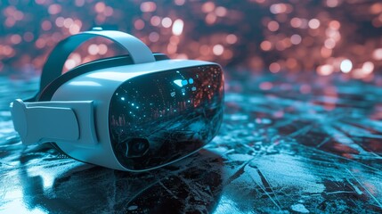 Fototapete - A virtual reality headset resting on a D futuristic tech background AI generated illustration