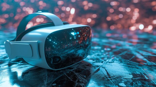 A virtual reality headset resting on a D futuristic tech background AI generated illustration