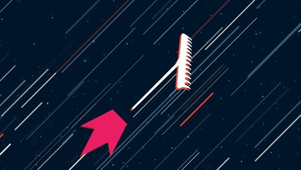 Poster - Rake symbol flies through the universe on a jet propulsion. The symbol in the center is shaking due to high speed. Seamless looped 4k animation on dark blue background with stars
