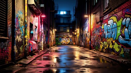 Poster - a futuristic cyberpunk alleyway: neon lights and shadows