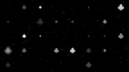 Poster - Template animation of evenly spaced clubs of different sizes and opacity. Animation of transparency and size. Seamless looped 4k animation on black background with stars
