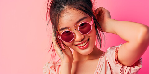 Wall Mural - Beautiful smiling young woman with curly hair in bright colored sunglasses on pink background.