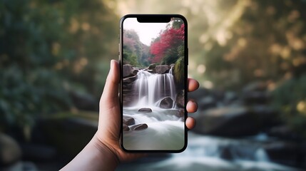 Wall Mural - Cascading Majesty: A Hand Holding a Smartphone Displaying a Waterfall
