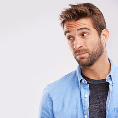 Aufkleber - Thinking, confused or man with idea, doubt or stress on white studio background with solution or emoji. Person, model or guy with decision or question with why or emotion with mockup space or wonder