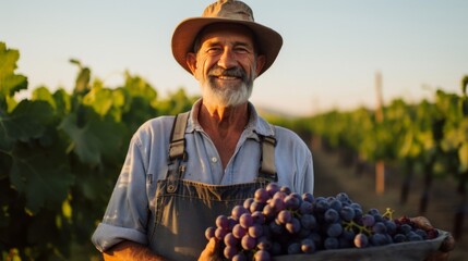 At dawn viticultor holds purple grapes symbolizing labor-fruits connection casual attire