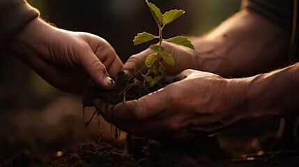 Viticultor with new grapevine shoot planting as symbolic act vineyard's life cycle and future